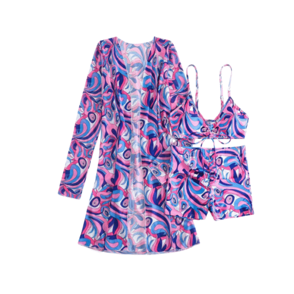 Purple-7 Biquíni Impressão Total Com Saída Kimono + 2 Toalhas Descart